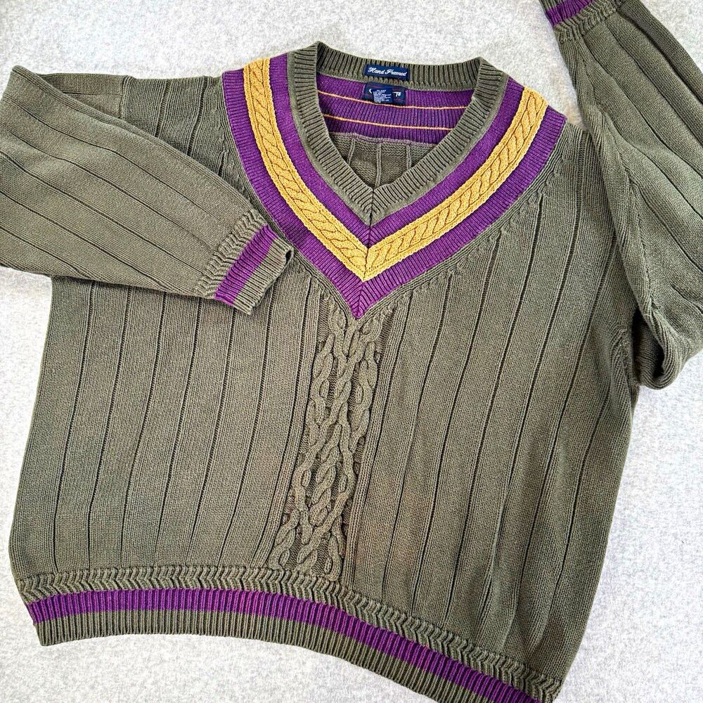 VTG 90s GANT Sweater Mens XL Cable Knit Green V-Neck Preppy Academic Ivy League